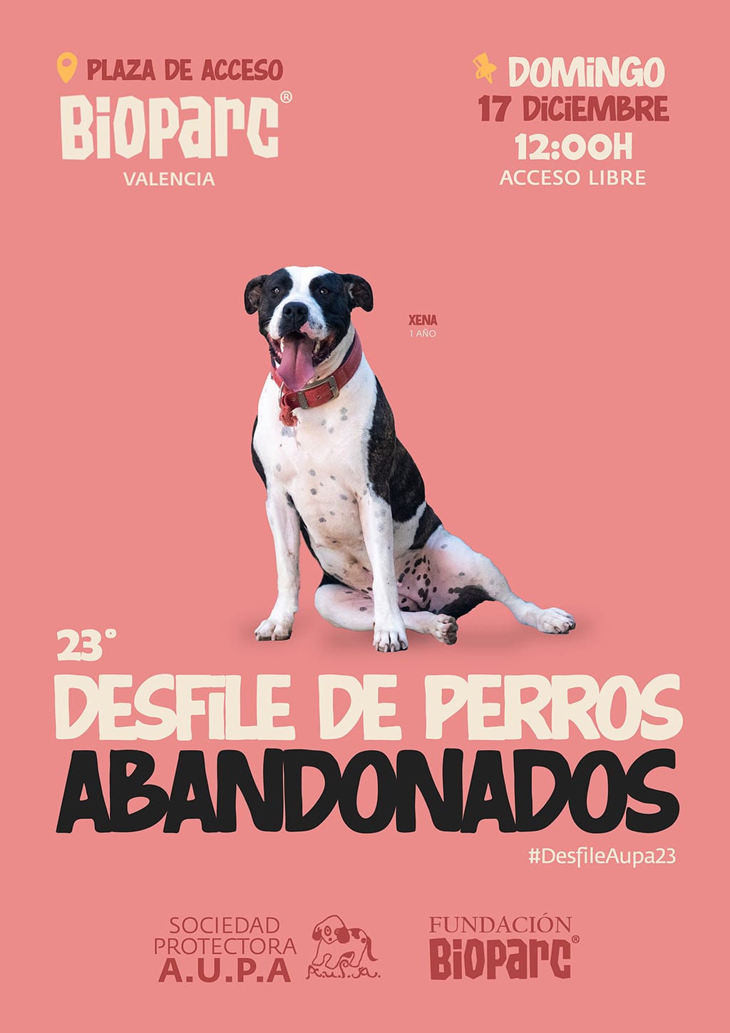 Cartel del 23 desfile de AUPA y Fundación BIOPARC para adoptar perros abandonados